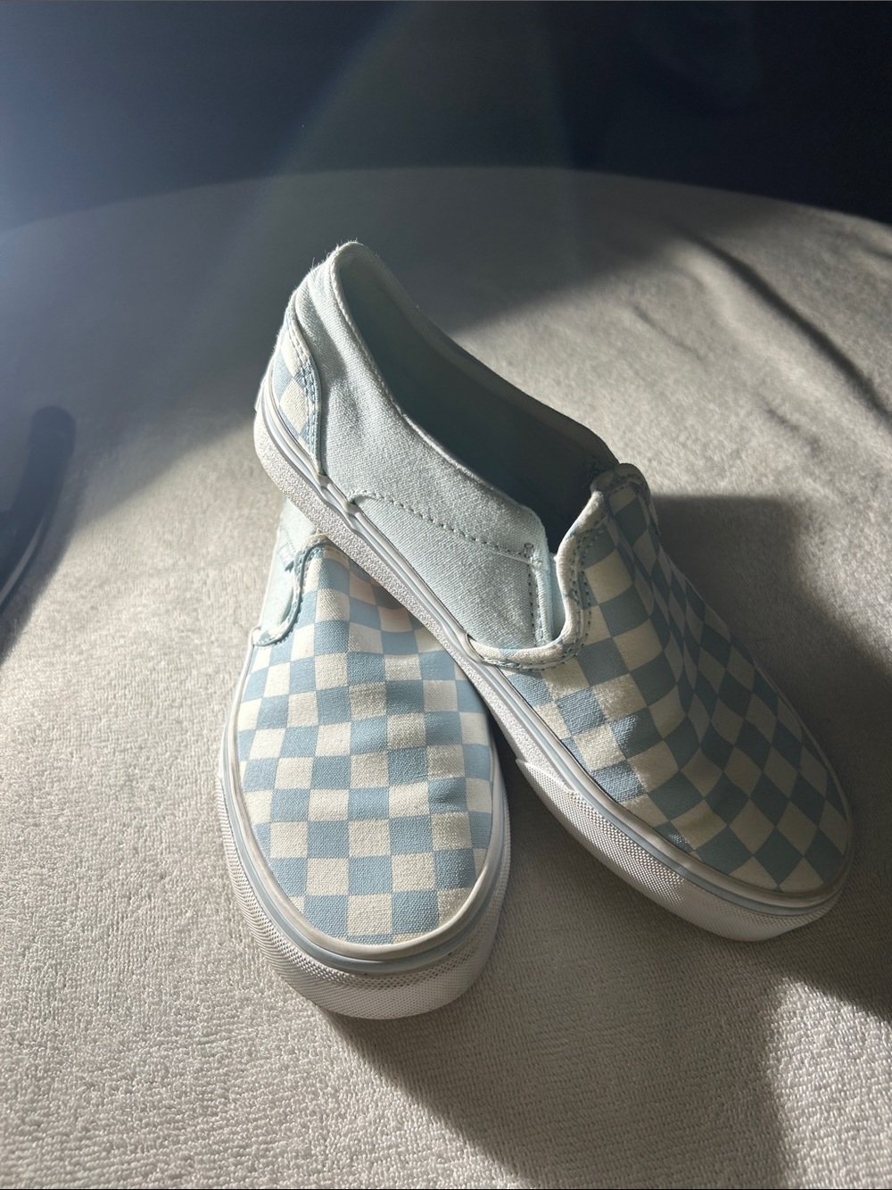 Vans Women’s Slip-On Checkerboard Sneakers in Light Blue & White - Picture 2 of 6